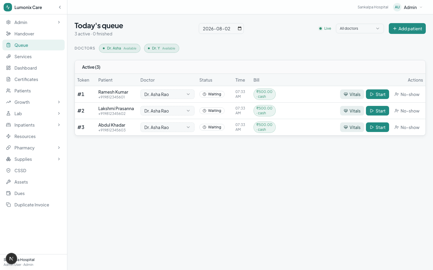 Live OPD queue with tokens, billing and doctor assignment